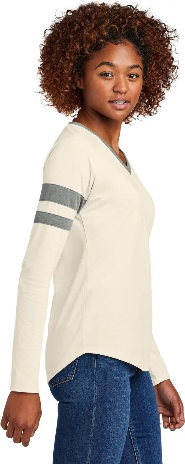 Sport-tek Lst6043 Women’s Halftime Stripe Long Sleeve V-neck Tee - Vintage Heather Ecru