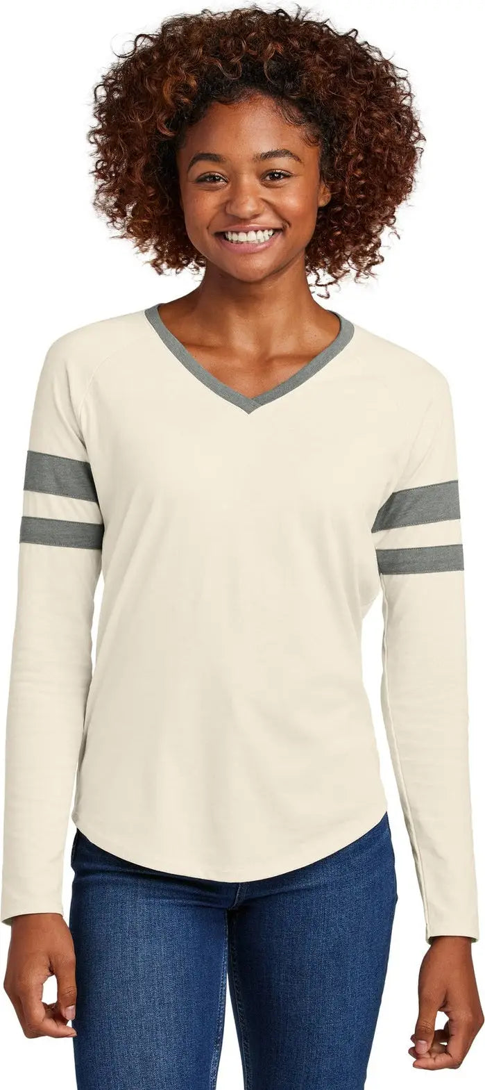 Sport-tek Lst6043 Women’s Halftime Stripe Long Sleeve V-neck Tee - Vintage Heather Ecru - Heather/ / Ladies Xs