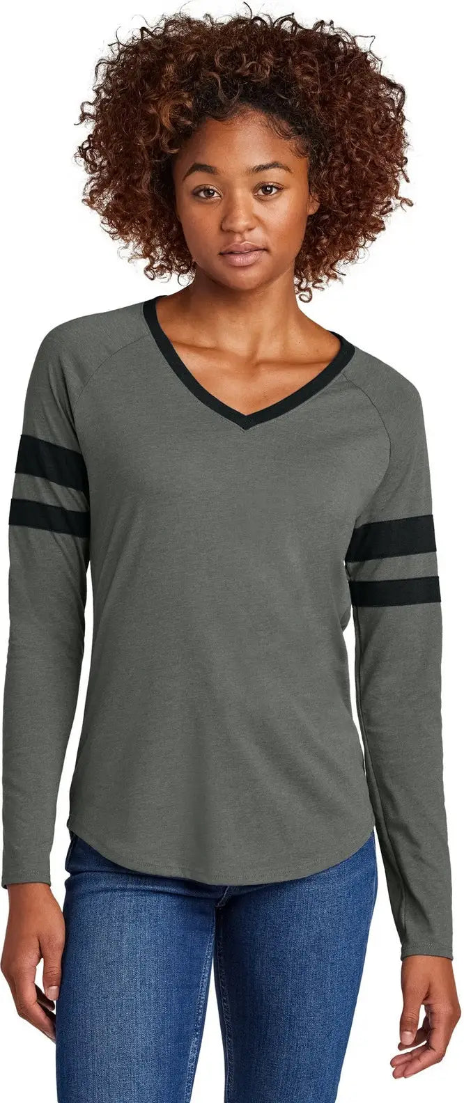 Sport-tek Lst6043 Women’s Halftime Stripe Long Sleeve V-neck Tee - Black Vintage Heather - Black/ / Ladies Xs