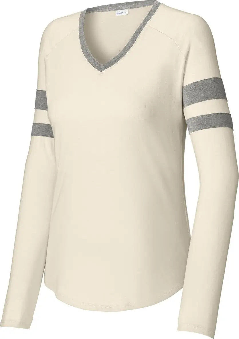 Sport-tek Lst6043 Women’s Halftime Stripe Long Sleeve V-neck Tee - Vintage Heather Ecru