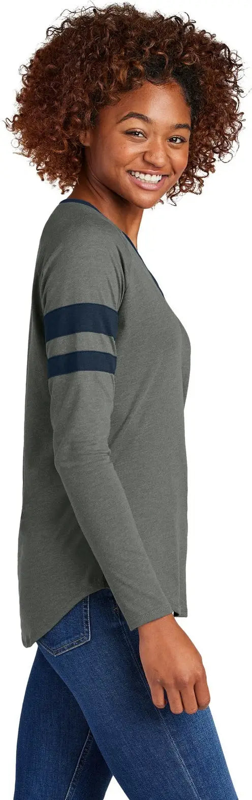 Sport-tek Lst6043 Women’s Halftime Stripe Long Sleeve V-neck Tee - True Navy Vintage Heather
