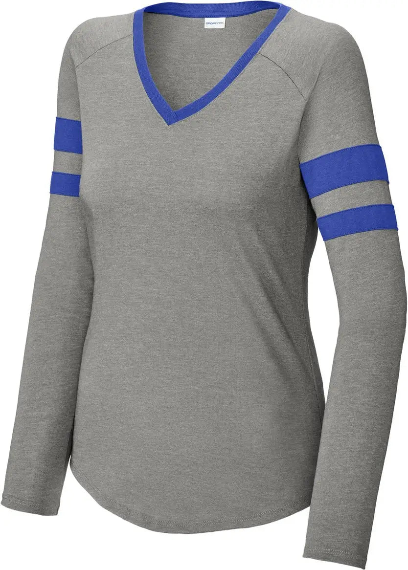 Sport-tek Lst6043 Women’s Halftime Stripe Long Sleeve V-neck Tee - True Royal Vintage Heather