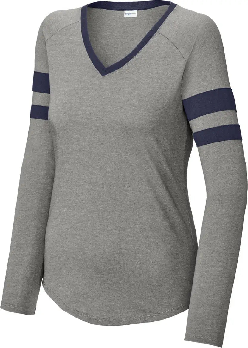 Sport-tek Lst6043 Women’s Halftime Stripe Long Sleeve V-neck Tee - True Navy Vintage Heather