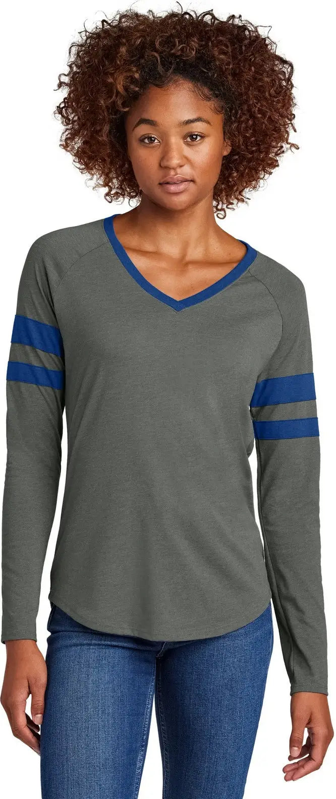 Sport-tek Lst6043 Women’s Halftime Stripe Long Sleeve V-neck Tee - True Royal Vintage Heather - Royal/ / Ladies Xs