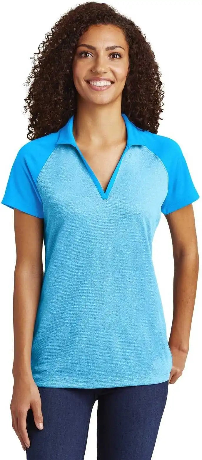 Sport Tek Lst641 Ladies Posicharge Racermesh Raglan Heather Block Polo Pond Blue