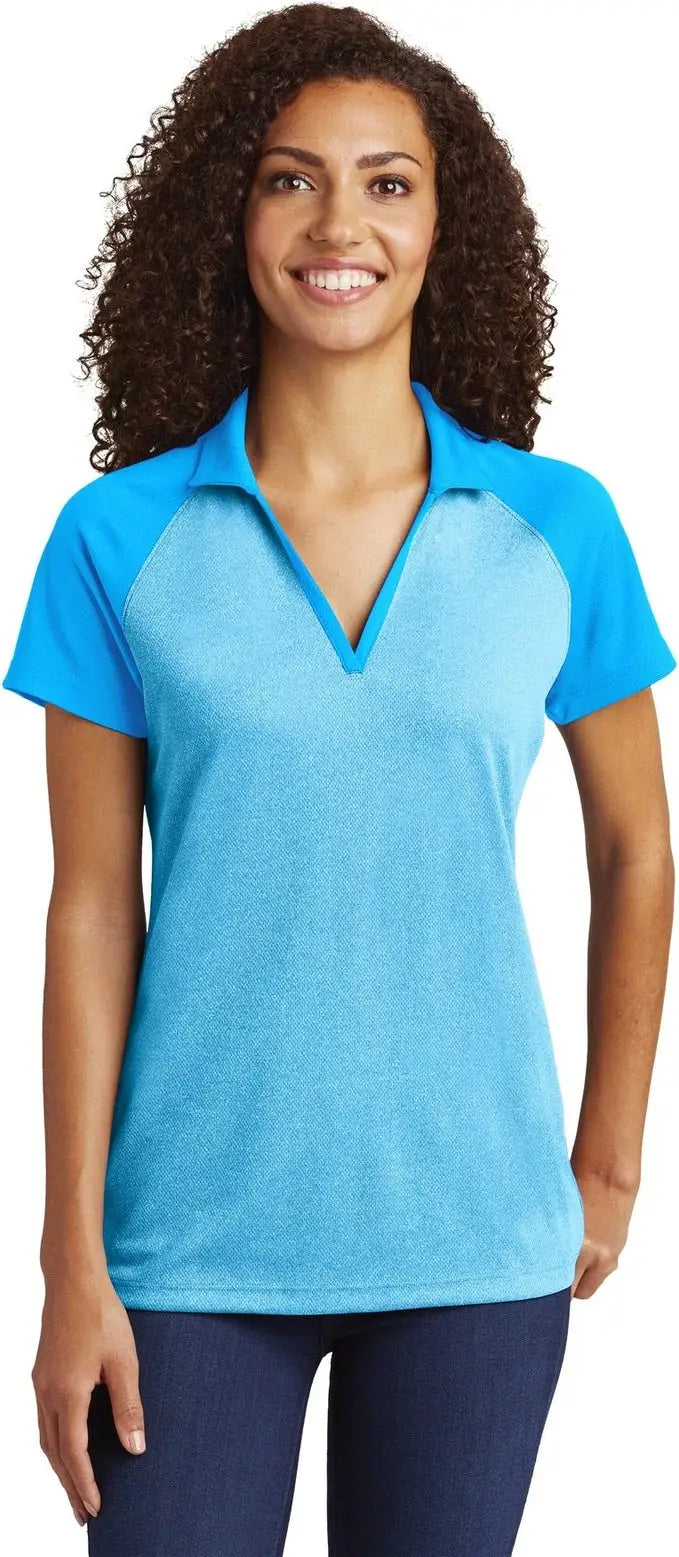Sport-tek Lst641 Women’s Posicharge Racermesh Raglan Heather Block Polo - Pond Blue - Heather/ / Ladies Xs