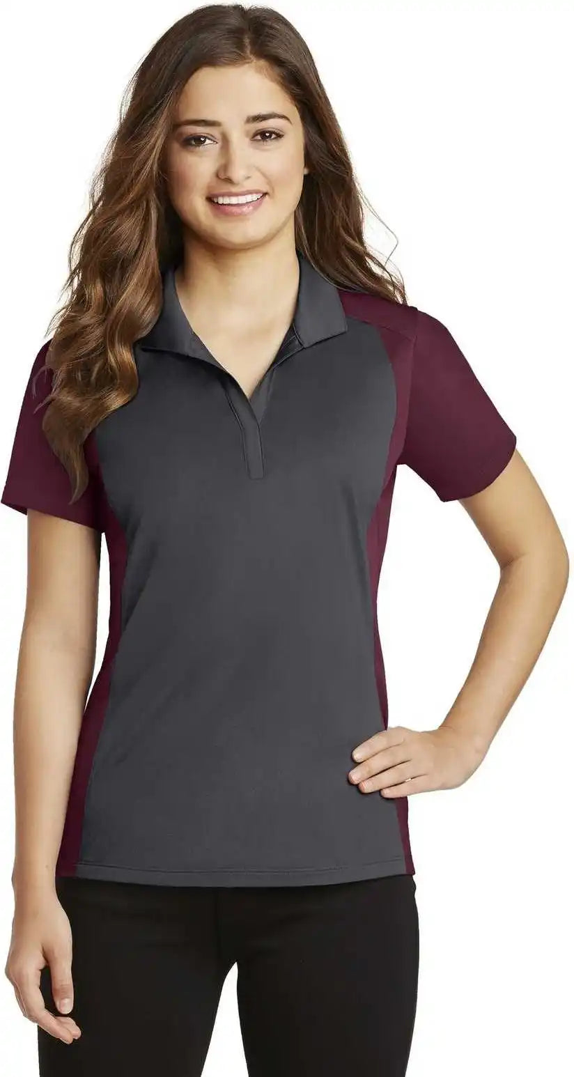 Sport Tek Lst652 Ladies Colorblock Micropique Wick Polo Iron Gray Maroon