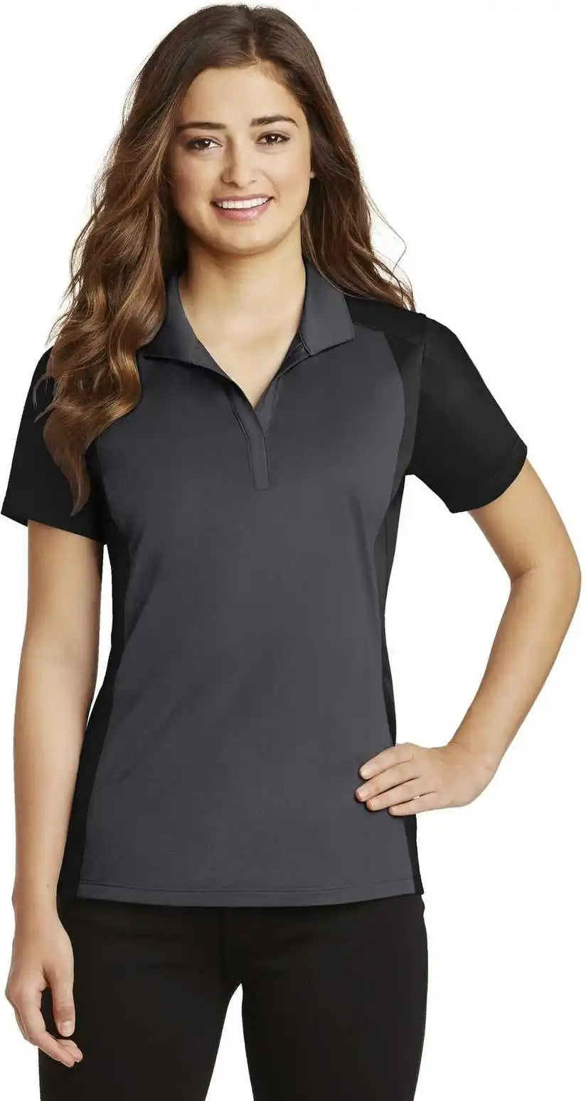 Sport Tek Lst652 Ladies Colorblock Micropique Wick Polo Iron Gray Black