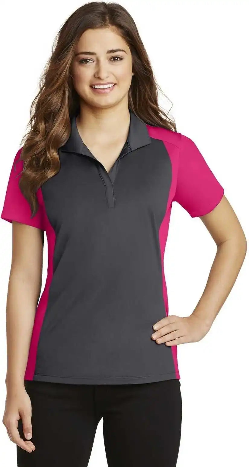 Sport-tek Lst652 Ladies Colorblock Micropique Sport-wick Polo - Iron Gray Pink Raspberry