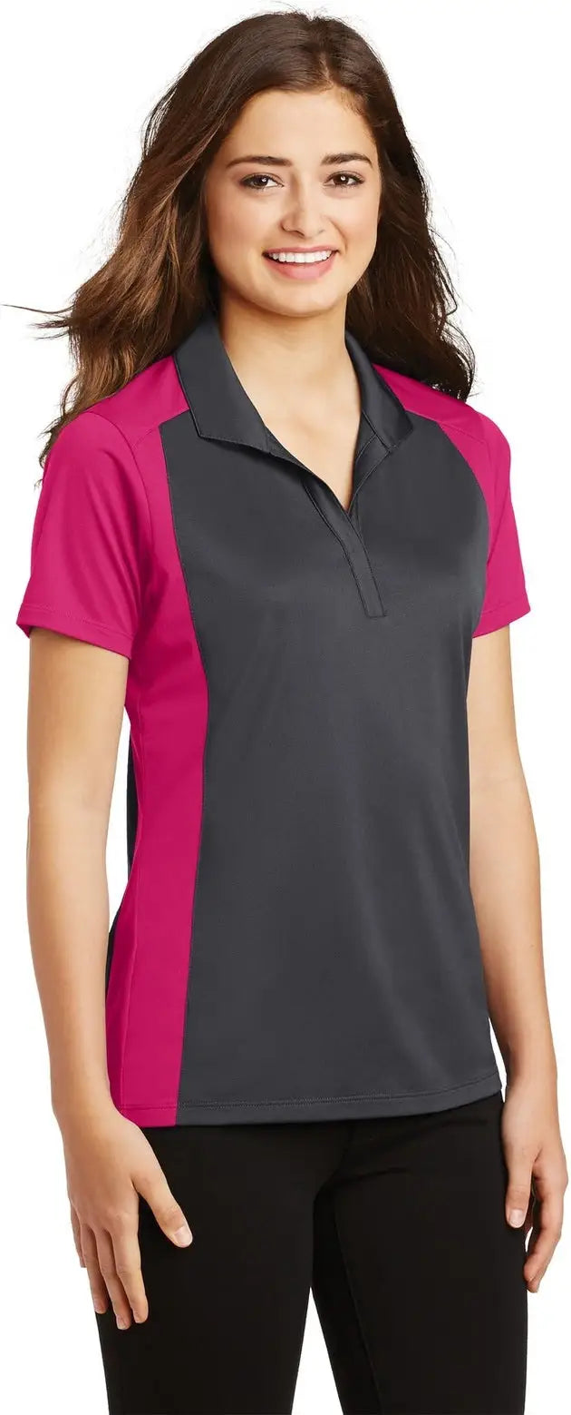 Sport-tek Lst652 Women’s Colorblock Micropique Sport-wick Polo - Iron Gray Pink Raspberry
