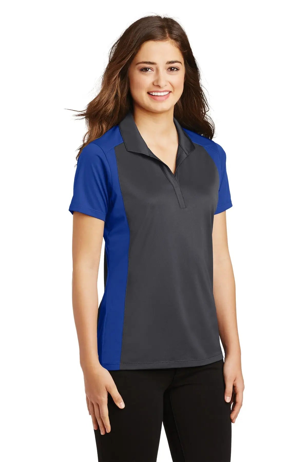 Sport-tek Lst652 Women’s Colorblock Micropique Sport-wick Polo - Iron Gray True Royal