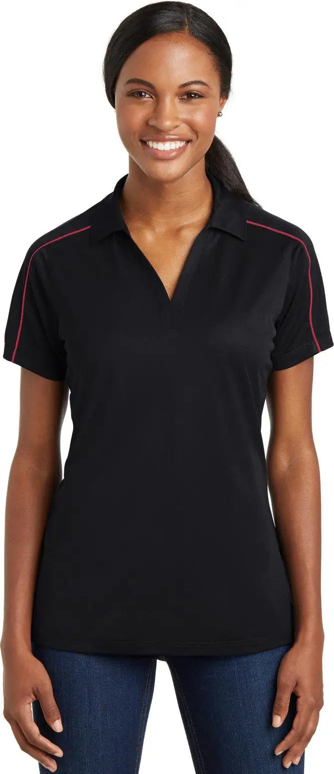Sport-tek Lst653 Women’s Micropique Sport-wick Piped Polo - Black True Red - Black/ / Ladies Xs
