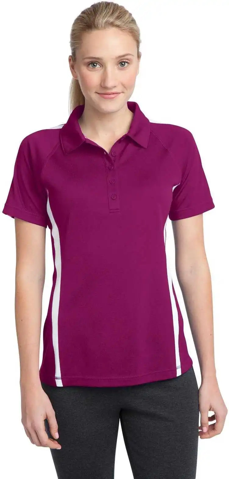 Sport-tek Lst685 Ladies Posicharge Micro-mesh Colorblock Polo - Pink Rush White