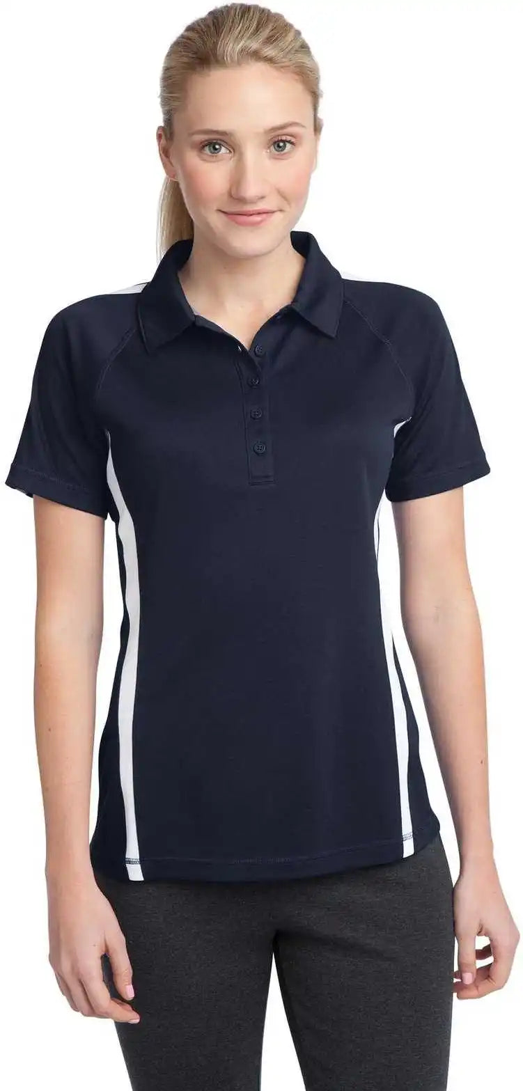 Sport Tek Lst685 Ladies Posicharge Micro Mesh Colorblock Polo True Navy White