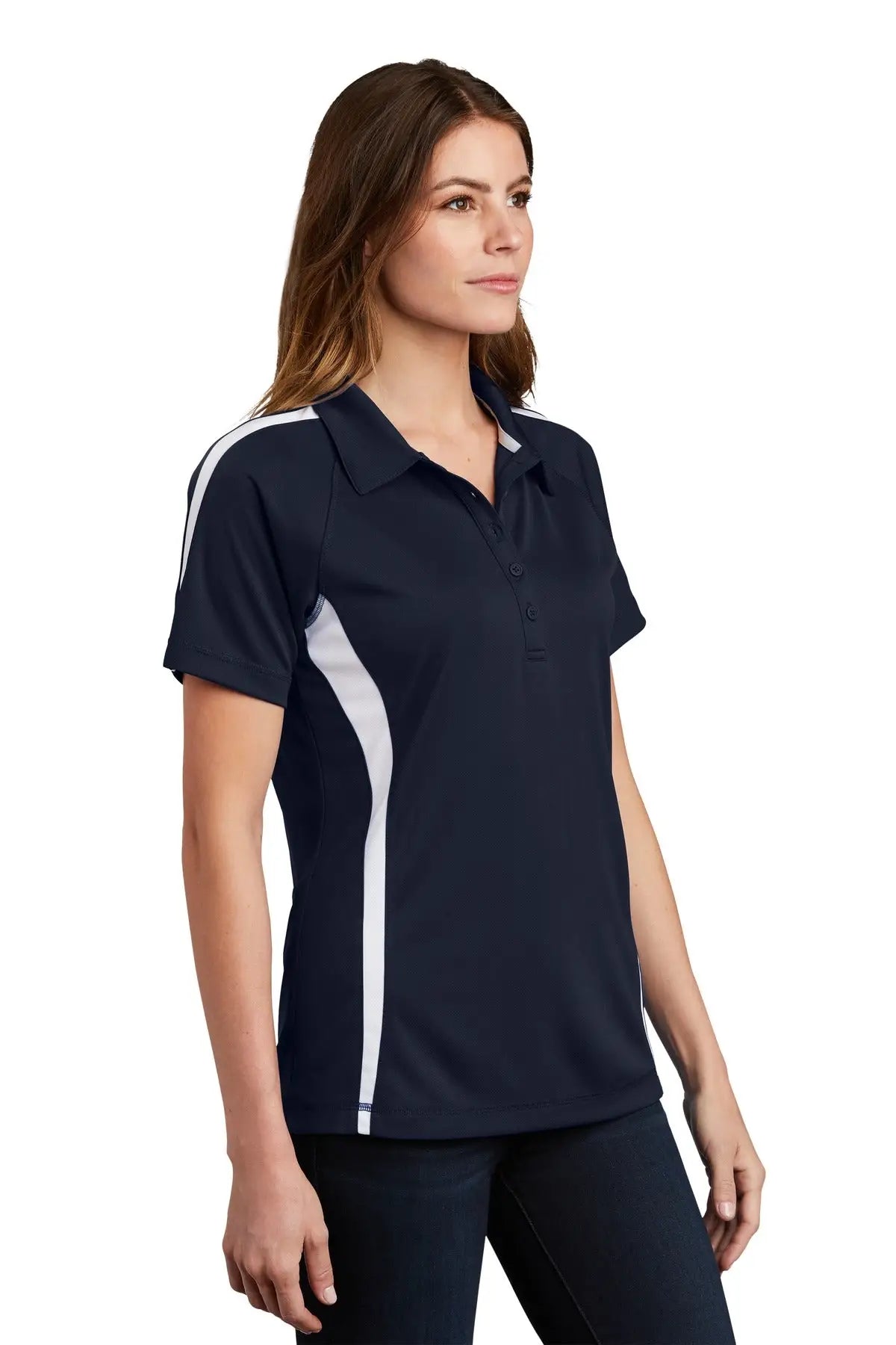 Sport-tek Lst685 Women’s Posicharge Micro-mesh Colorblock Polo - True Navy White