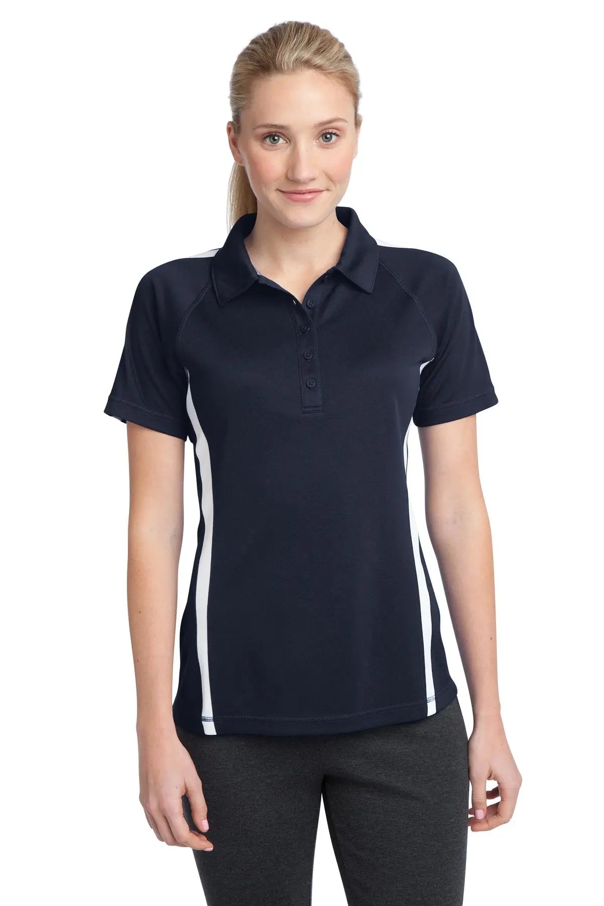 Sport-tek Lst685 Women’s Posicharge Micro-mesh Colorblock Polo - True Navy White - Navy/ / Ladies Xs