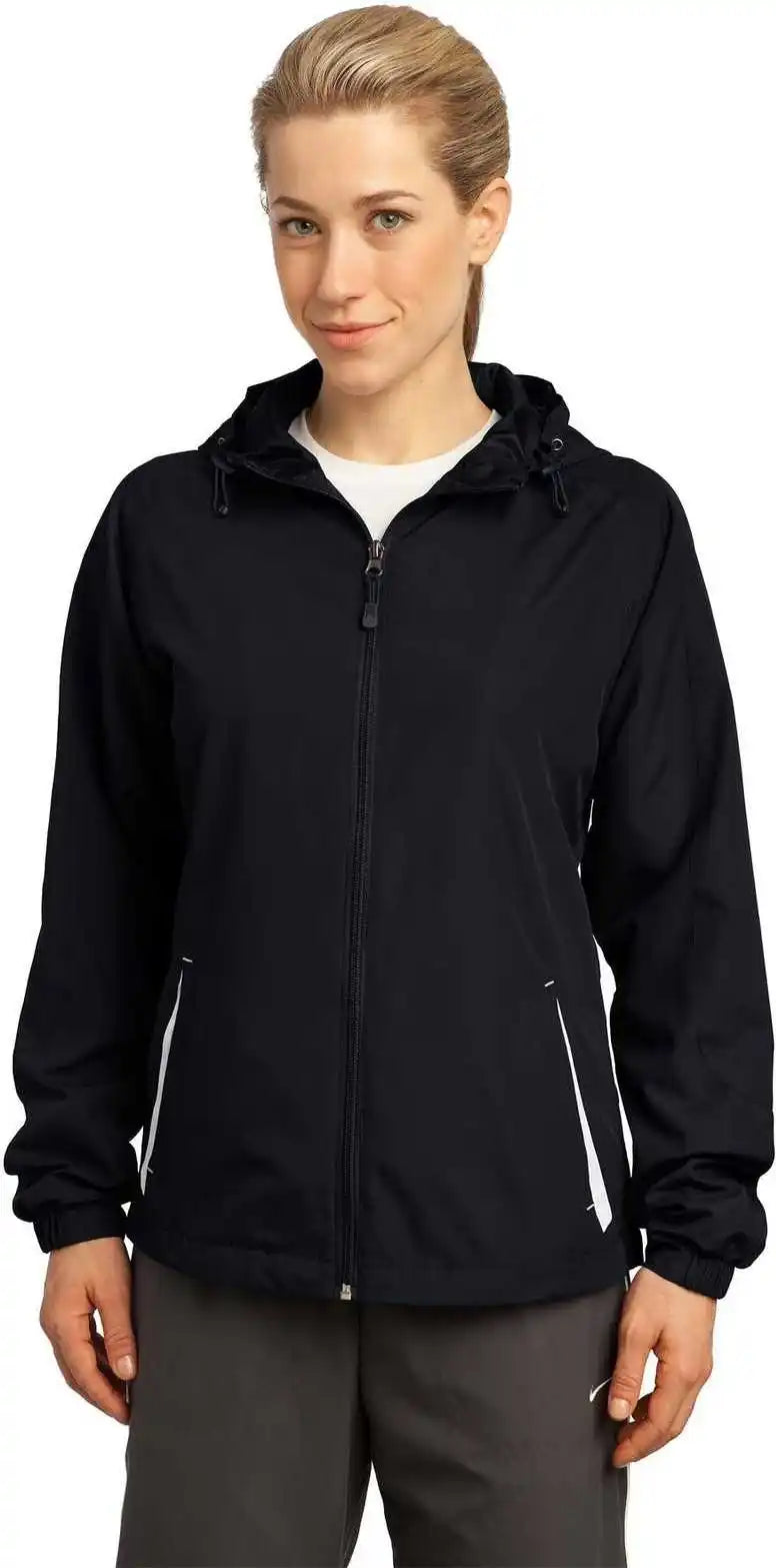 Sport Tek Lst76 Ladies Colorblock Hooded Raglan Jacket Black White