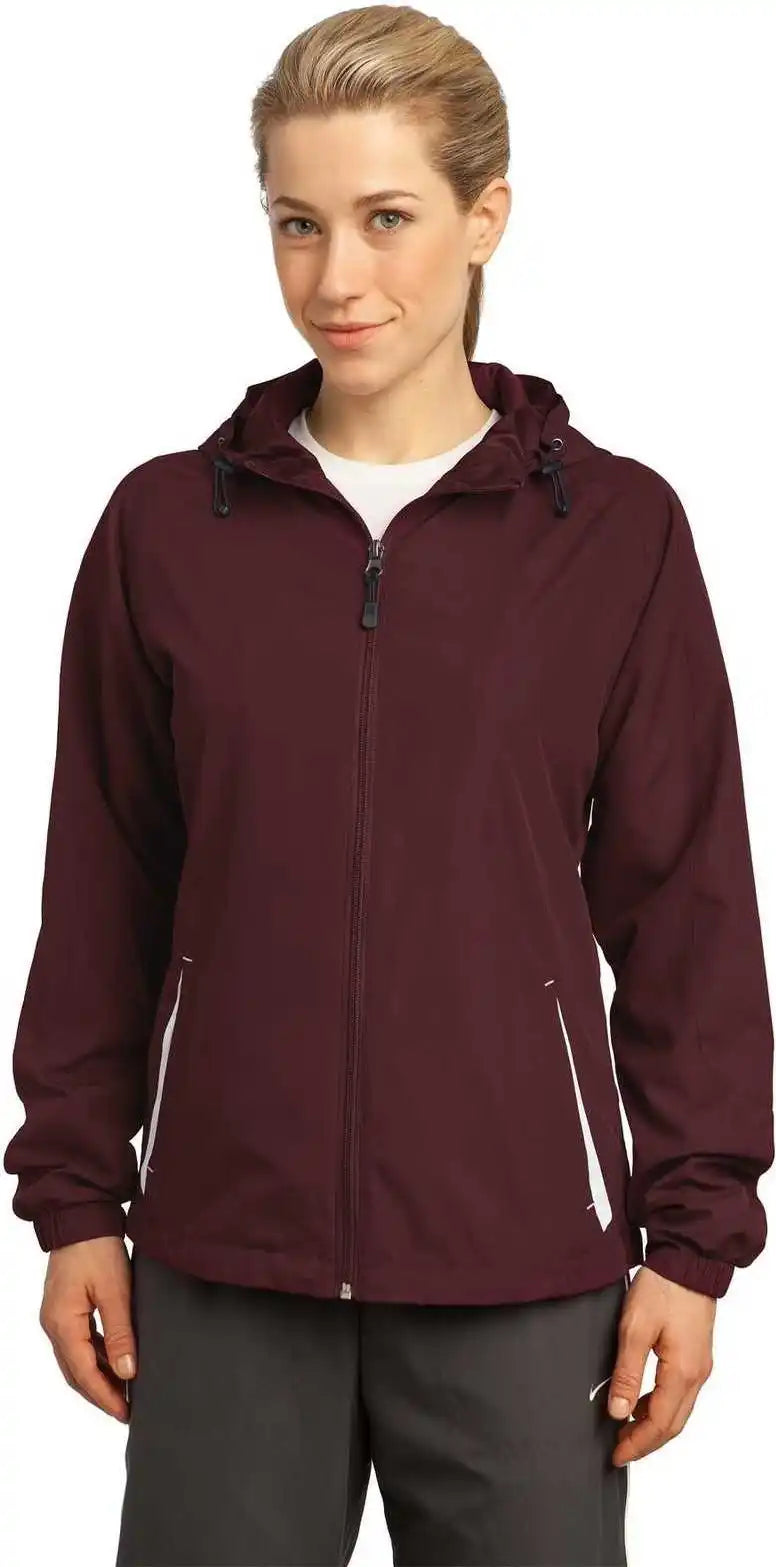 Sport Tek Lst76 Ladies Colorblock Hooded Raglan Jacket Maroon White