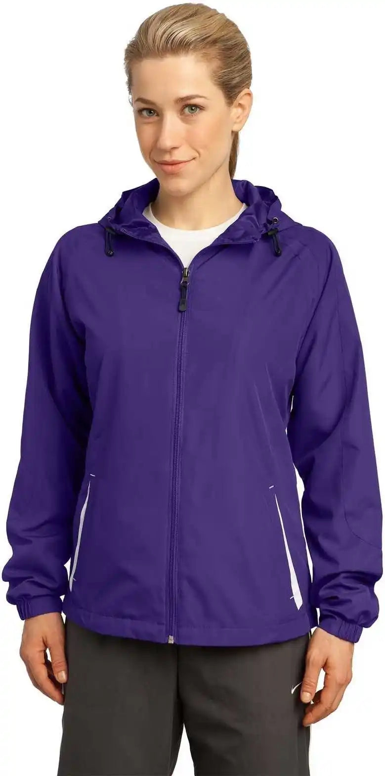 Sport Tek Lst76 Ladies Colorblock Hooded Raglan Jacket Purple White