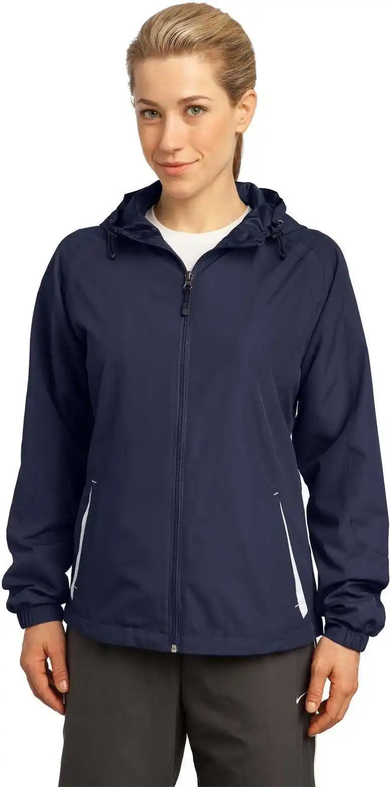 Sport Tek Lst76 Ladies Colorblock Hooded Raglan Jacket True Navy White