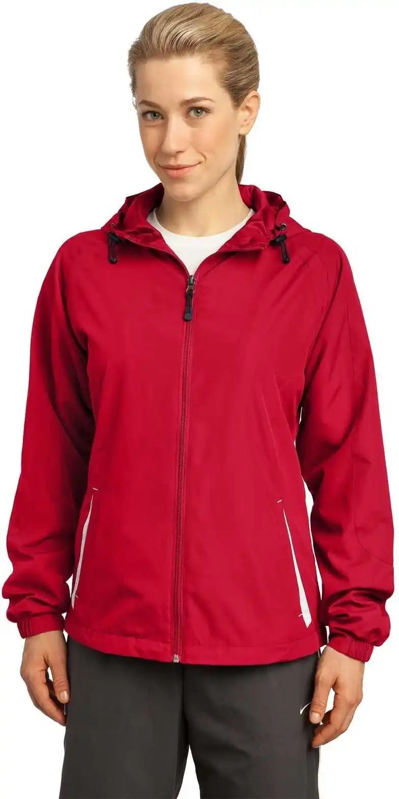 Sport Tek Lst76 Ladies Colorblock Hooded Raglan Jacket True Red White