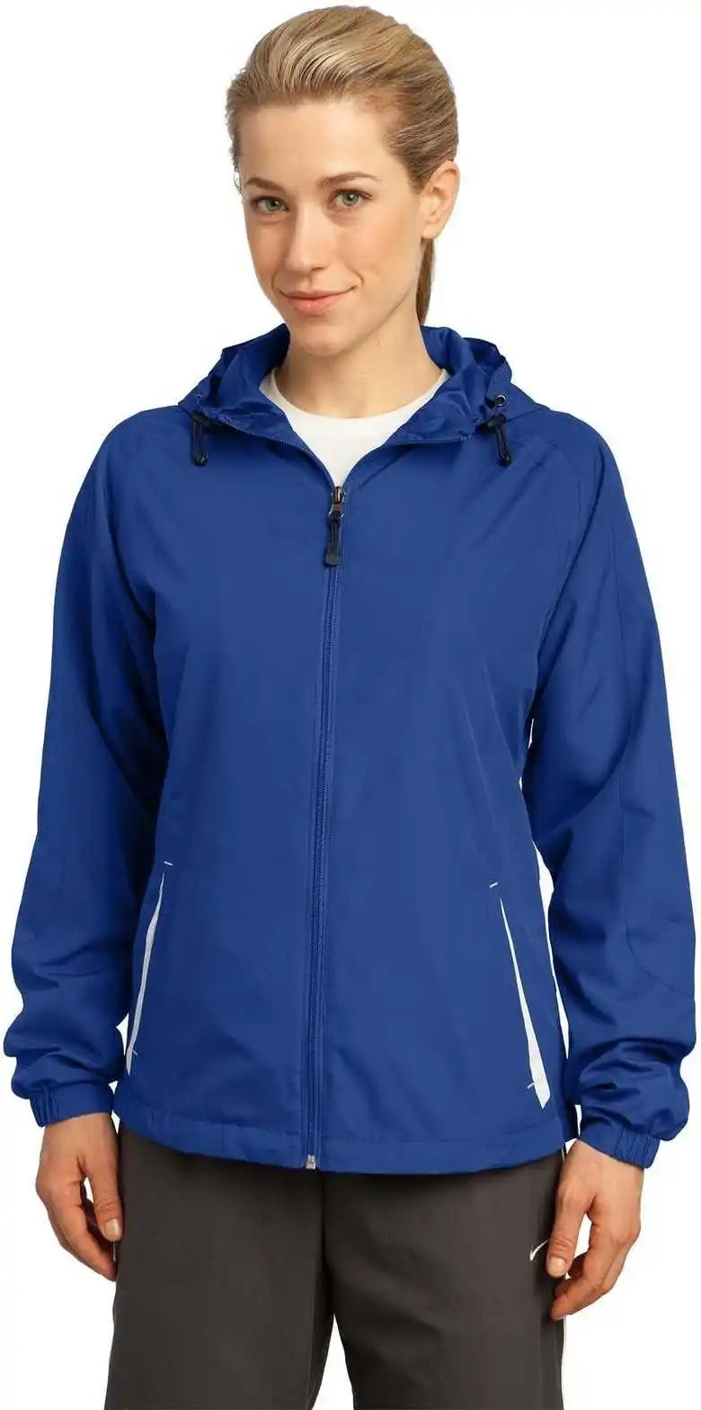 Sport Tek Lst76 Ladies Colorblock Hooded Raglan Jacket True Royal White