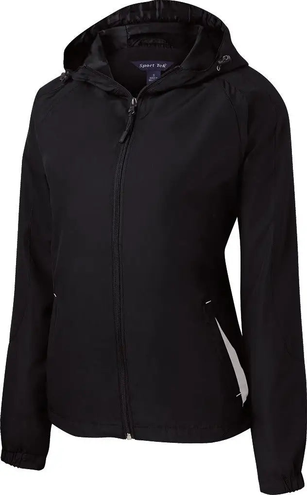 Sport-tek Lst76 Women’s Colorblock Hooded Raglan Jacket - Black White - Black/ / Ladies Xs