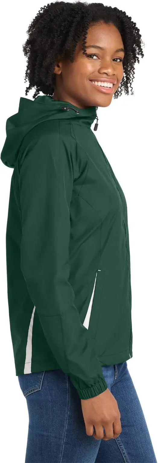 Sport-tek Lst76 Women’s Colorblock Hooded Raglan Jacket - Forest Green White
