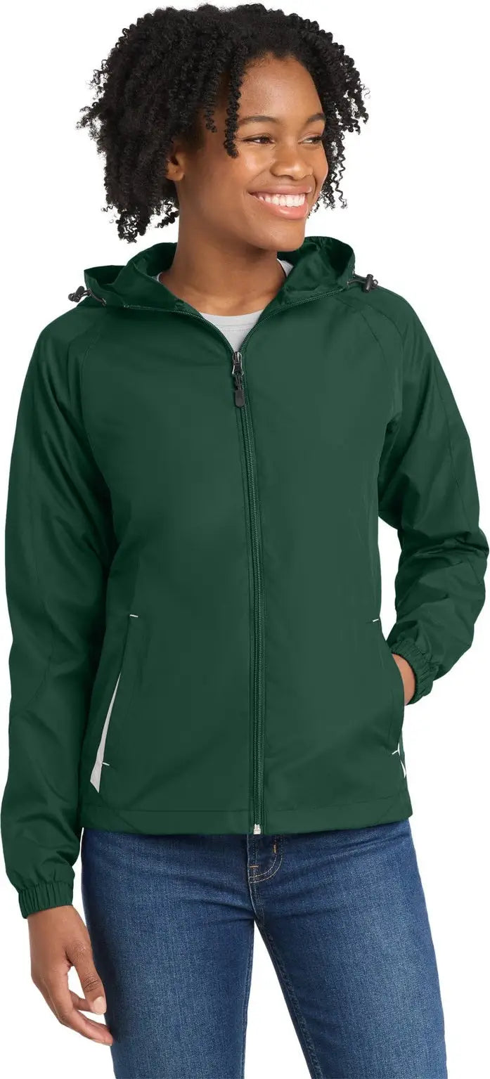 Sport-tek Lst76 Women’s Colorblock Hooded Raglan Jacket - Forest Green White