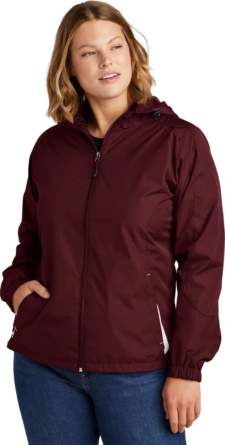 Sport-tek Lst76 Women’s Colorblock Hooded Raglan Jacket - Maroon White - Maroon/ / Ladies Xs