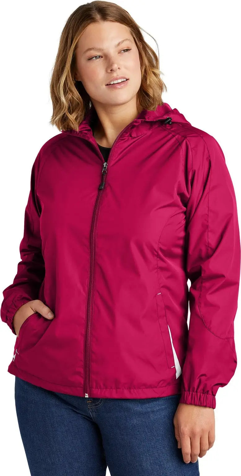 Sport-tek Lst76 Women’s Colorblock Hooded Raglan Jacket - Pink Raspberry White - Raspberry/ / Ladies Xs