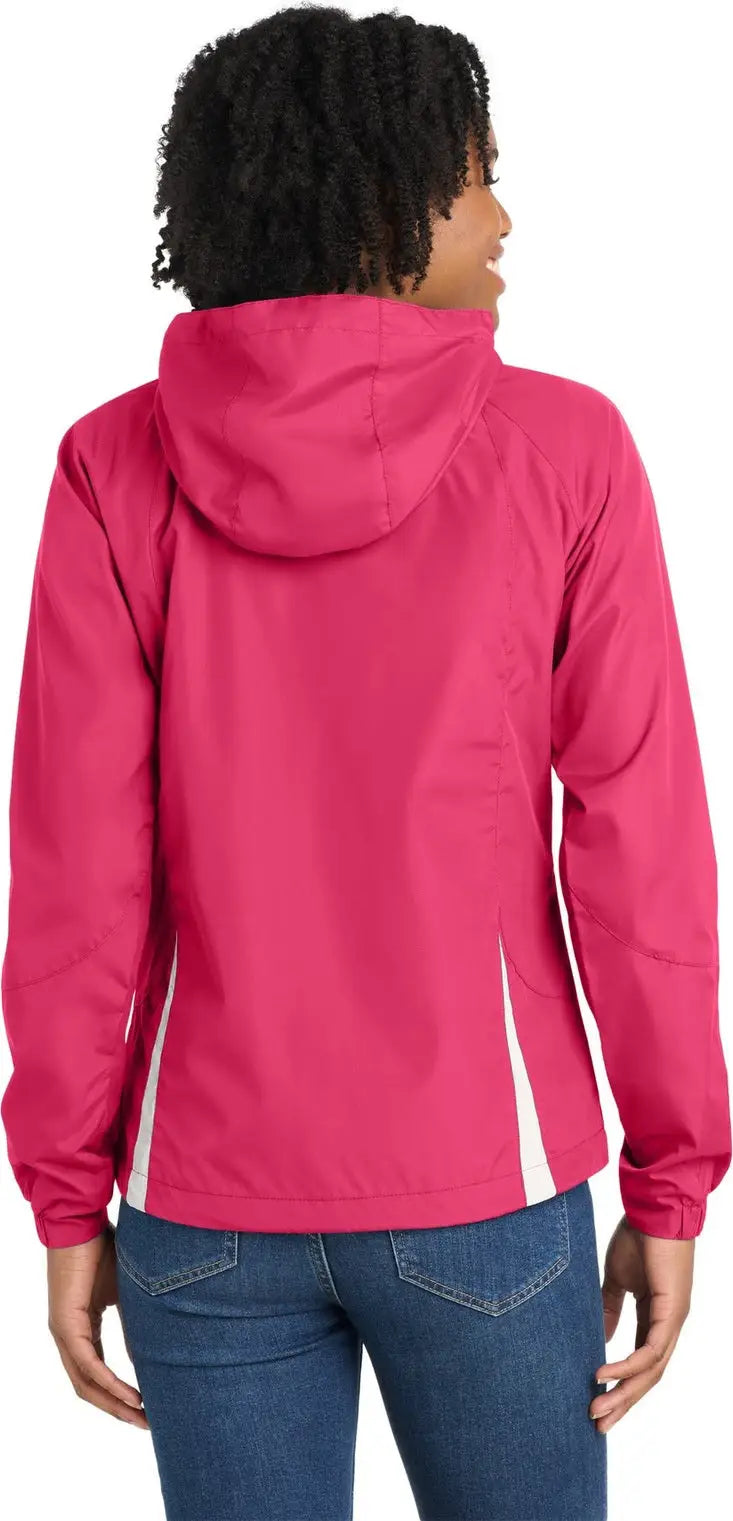 Sport-tek Lst76 Women’s Colorblock Hooded Raglan Jacket - Pink Raspberry White