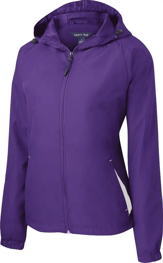 Sport-tek Lst76 Women’s Colorblock Hooded Raglan Jacket - Purple White - Purple/ / Ladies Xs