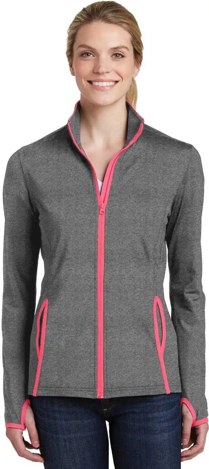 Sport-tek Lst853 Ladies Sport-wick Stretch Contrast Full-zip Jacket - Charcoal Gray Heather Hot Coral