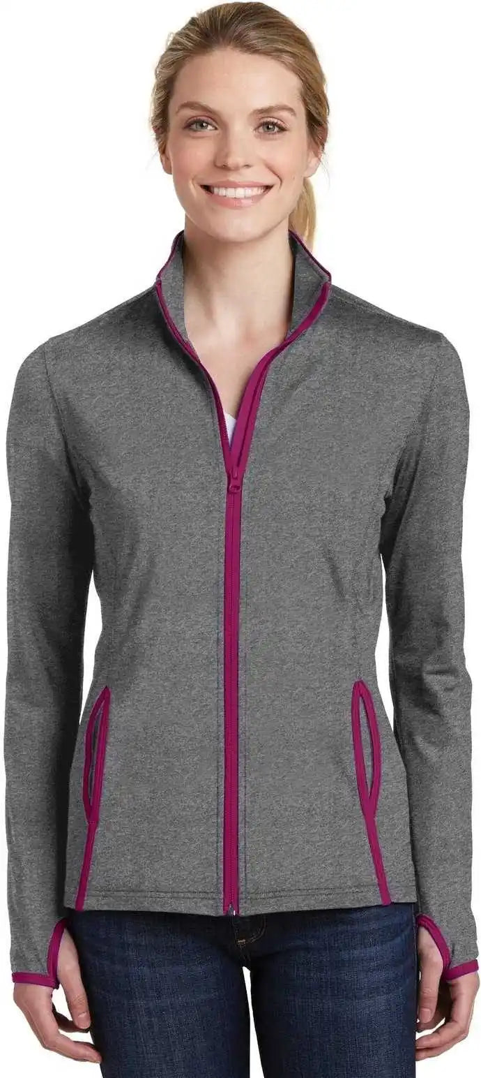Sport Tek Lst853 Ladies Wick Stretch Contrast Full Zip Jacket Charcoal Gray Heather Pink Rush