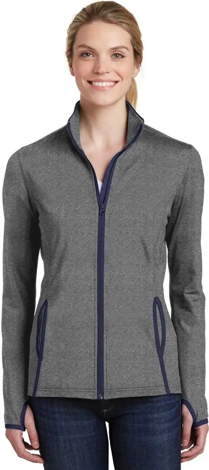 Sport-tek Lst853 Ladies Sport-wick Stretch Contrast Full-zip Jacket - Charcoal Gray Heather True Navy