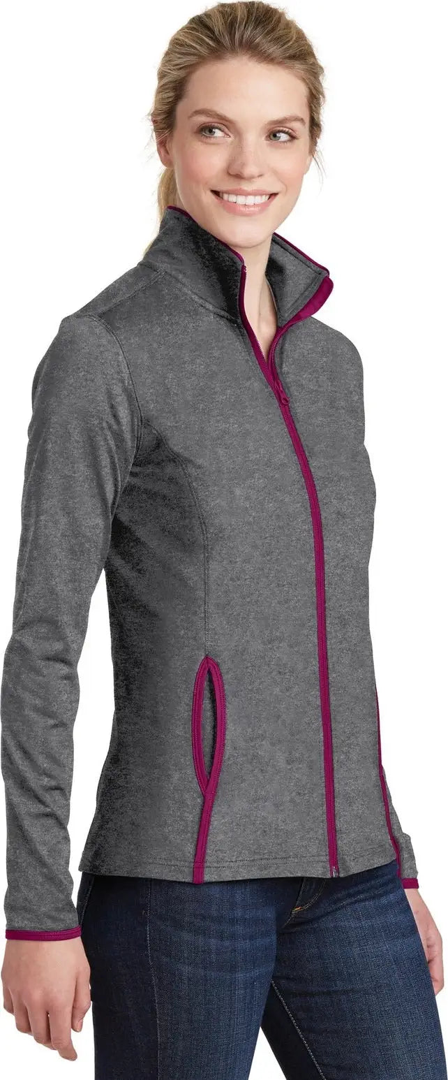 Sport-tek Lst853 Women’s Sport-wick Stretch Contrast Full-zip Jacket - Charcoal Gray Heather Pink Rush