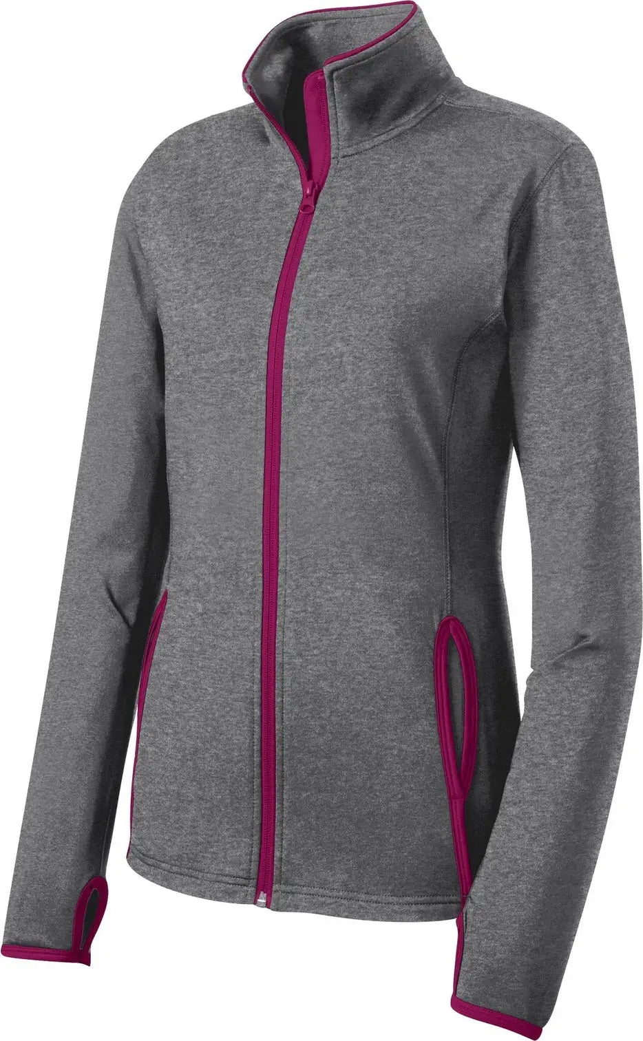 Sport-tek Lst853 Women’s Sport-wick Stretch Contrast Full-zip Jacket - Charcoal Gray Heather Pink Rush
