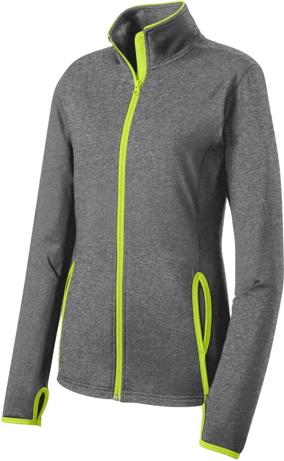 Sport-tek Lst853 Women’s Sport-wick Stretch Contrast Full-zip Jacket - Charcoal Gray Heather Charge Green