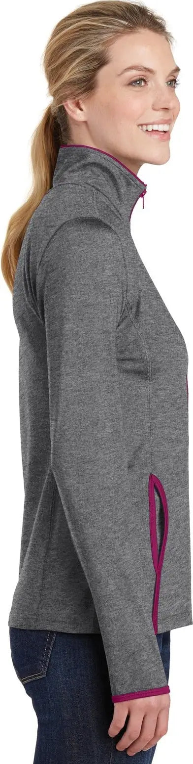 Sport-tek Lst853 Women’s Sport-wick Stretch Contrast Full-zip Jacket - Charcoal Gray Heather Pink Rush