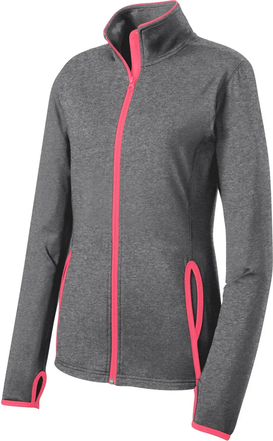 Sport-tek Lst853 Women’s Sport-wick Stretch Contrast Full-zip Jacket - Charcoal Gray Heather Hot Coral