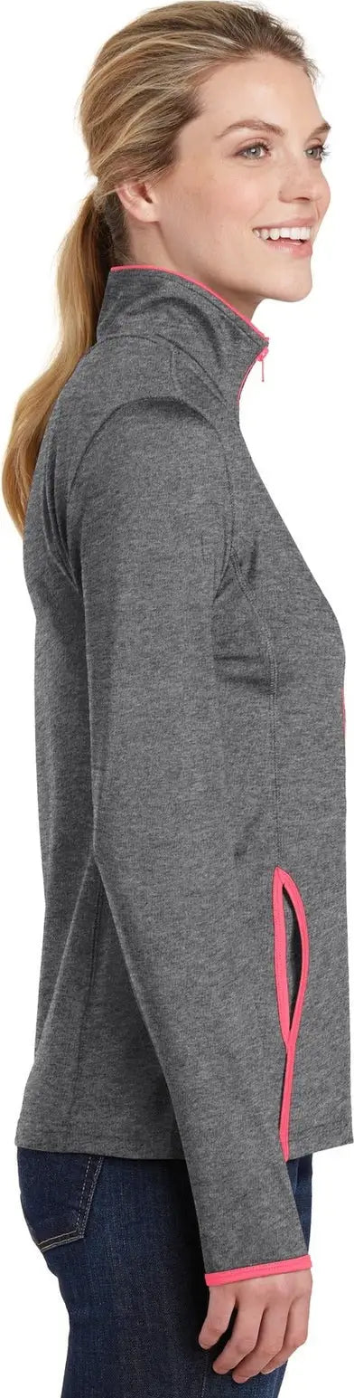 Sport-tek Lst853 Women’s Sport-wick Stretch Contrast Full-zip Jacket - Charcoal Gray Heather Hot Coral