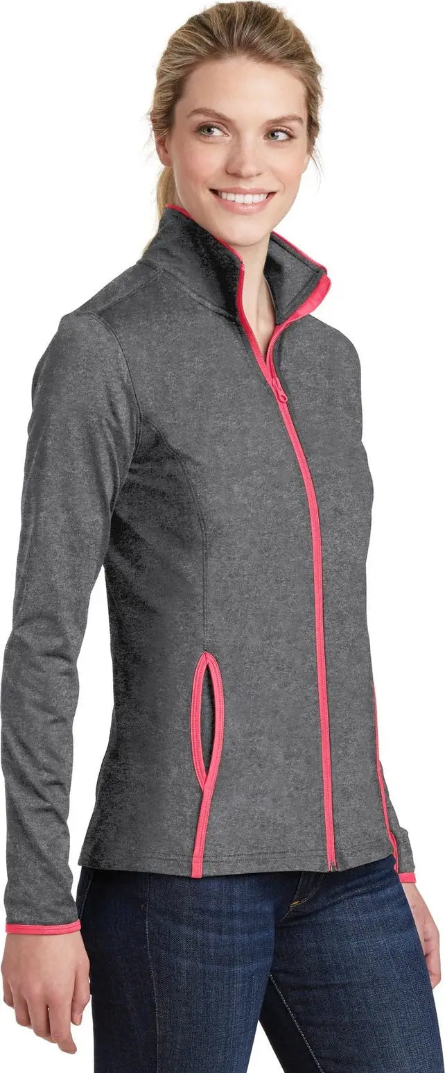 Sport-tek Lst853 Women’s Sport-wick Stretch Contrast Full-zip Jacket - Charcoal Gray Heather Hot Coral