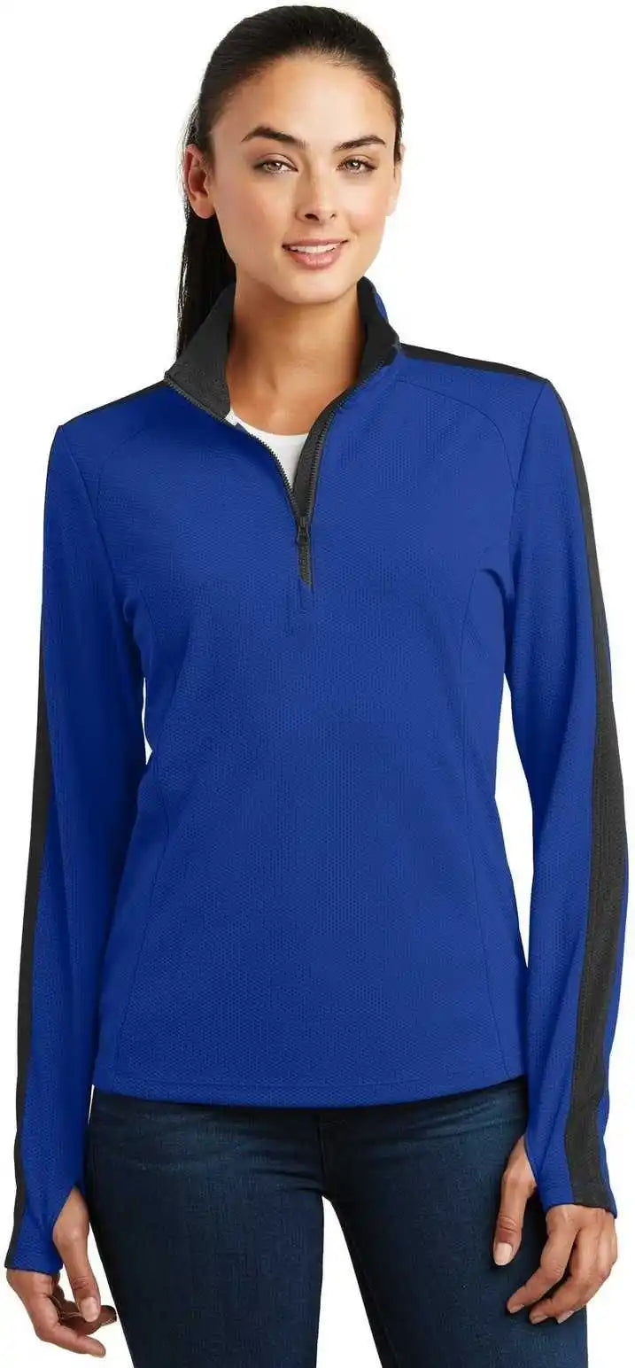 Sport-tek Lst861 Ladies Sport-wick Textured Colorblock 1/4-zip Pullover - True Royal Black