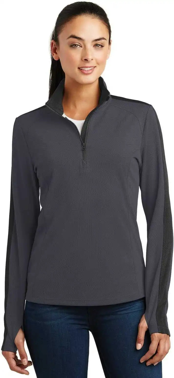 Sport-tek Lst861 Ladies Sport-wick Textured Colorblock 1/4-zip Pullover - Iron Gray Black