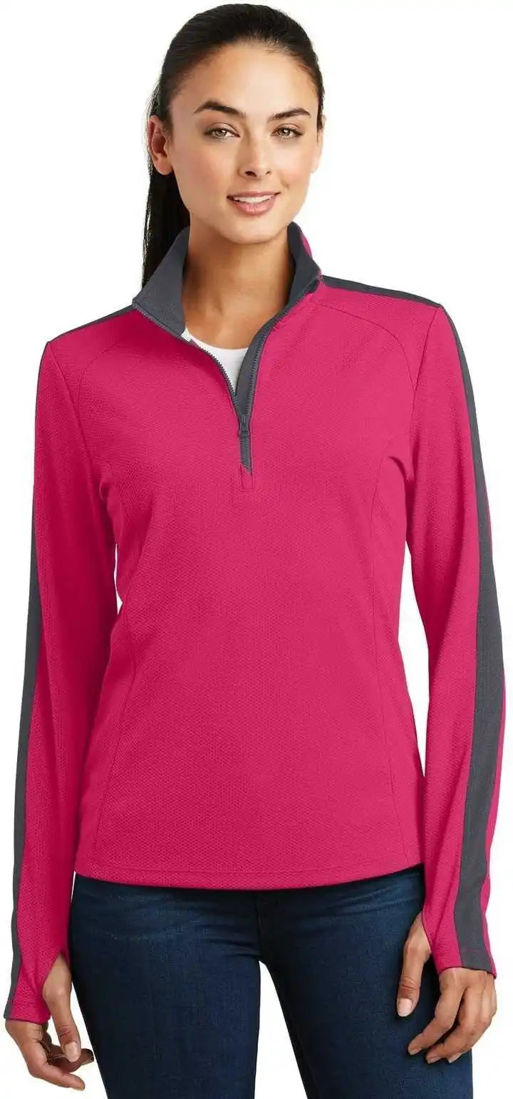 Sport-tek Lst861 Ladies Sport-wick Textured Colorblock 1/4-zip Pullover - Pink Raspberry Iron Gray