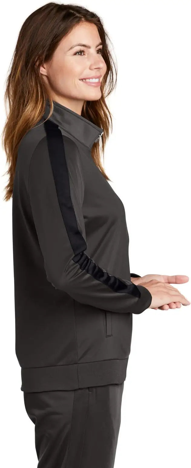 Sport-tek Lst94 Ladies Tricot Sleeve Stripe Track Jacket - Graphite Black