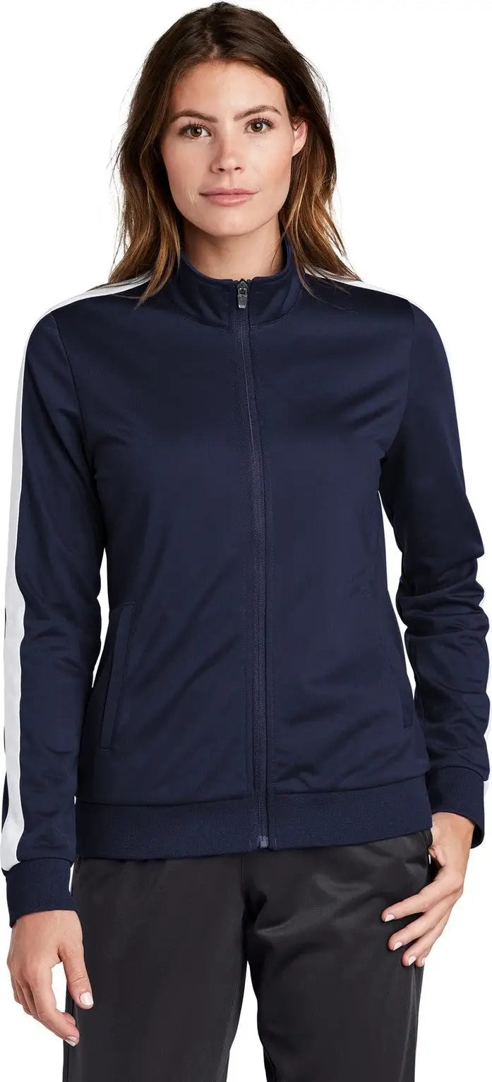 Sport-tek Lst94 Ladies Tricot Sleeve Stripe Track Jacket - True Navy White - Navy/ / Xs