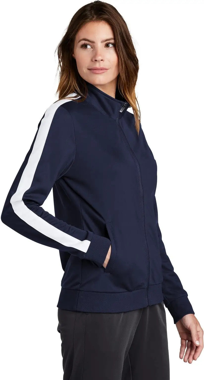 Sport-tek Lst94 Ladies Tricot Sleeve Stripe Track Jacket - True Navy White