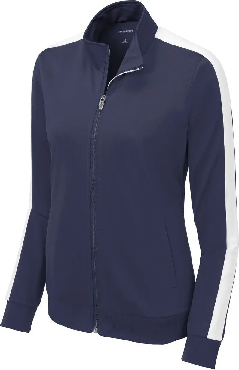 Sport-tek Lst94 Ladies Tricot Sleeve Stripe Track Jacket - True Navy White